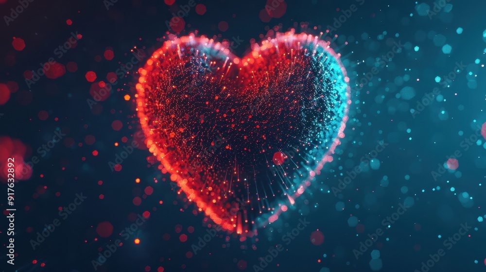 A vibrant heart shape formed with glowing particles, creating an enchanting and romantic atmosphere. Perfect for love-themed projects. A vibrant heart shape formed with glowing particles, creating an enchanting and romantic atmosphere. Perfect for love-themed projects.