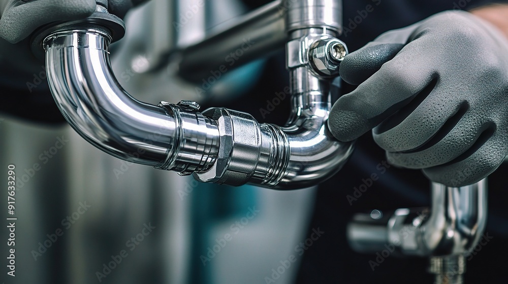 Close-up of a Plumber's Hands Assembling a Shiny Metal Pipe: A detailed image capturing the precision and skill of a plumber as they connect a shiny metal pipe with their gloved hands. Close-up of a Plumber's Hands Assembling a Shiny Metal Pipe: A detailed image capturing the precision and skill of a plumber as they connect a shiny metal pipe with their gloved hands.