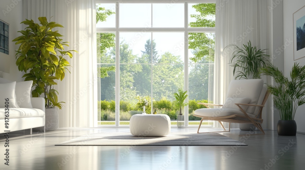 Fototapeta premium Bright interior design with modern furniture and summer view at the window. 3D illustration.