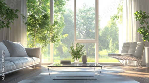 Bright interior design with modern furniture and summer view at the window. 3D illustration.