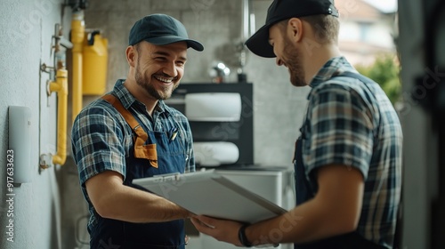 Passing the Tools: Two HVAC technicians collaborate, sharing expertise and a toolbox during a service call, demonstrating teamwork and skilled trades in action. 