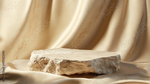 Wallpaper Mural Broken stone podium displayed on a beige background  decorated with luxurious fabric.  Torontodigital.ca