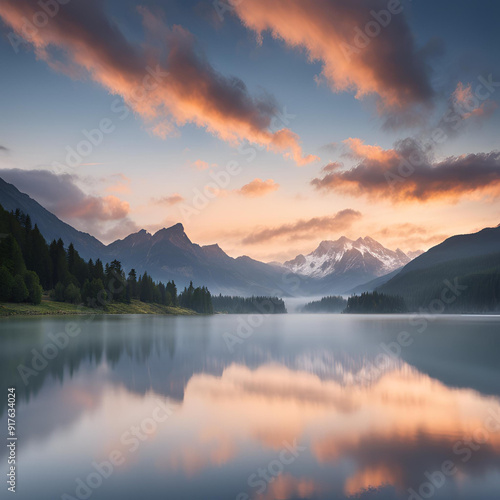 a serene mountain landscape at sunrise, with misty clouds hovering over the peaks and a calm lake. generated IA