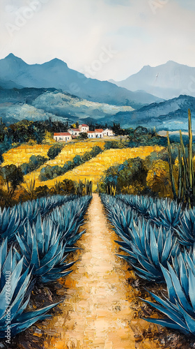 Oil Painting of Vibrant Agave Fields and Tequila Production in Jalisco's Scenic Countryside
