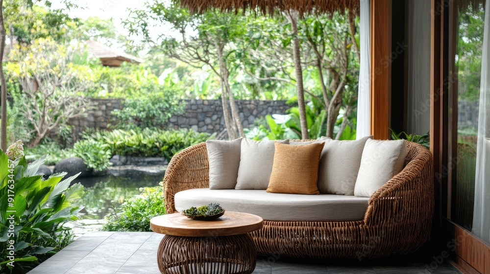 Chic rattan sofa with cushions and a small wooden table on the terrace of a resort room surrounded by gardens and a pond. Chic rattan sofa with cushions and a small wooden table on the terrace of a resort room surrounded by gardens and a pond.