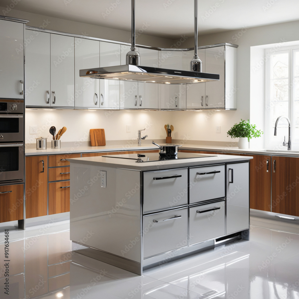 Fototapeta premium A sleek and modern modular kitchen with polished chrome fixtures