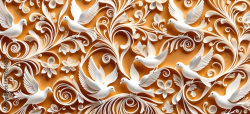 Close-up of intricate white wall decoration with peacock centerp photo