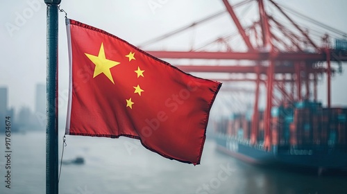 Chinese flag near port. Arrows of cranes from sea harbor Maritime logistics in China. Import of Chinese goods by sea. Export at China
