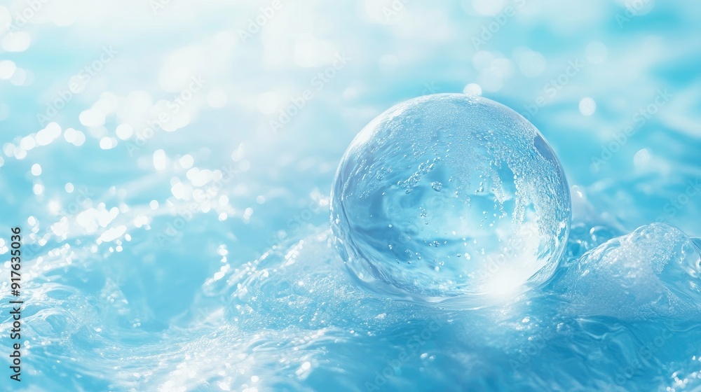 Clear pastel blue water surface sphere with water droplets and Abstract nature background for product presentation. Flat lay cosmetic model. Clear pastel blue water surface sphere with water droplets and Abstract nature background for product presentation. Flat lay cosmetic model.