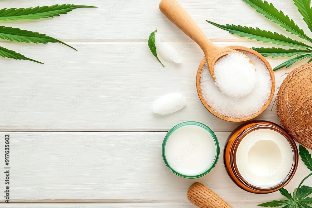 Natural beauty ingredients with hemp leaves, salt, cream and oil on wooden surface. Perfect for wellness and skincare themes. Natural beauty ingredients with hemp leaves, salt, cream and oil on wooden surface. Perfect for wellness and skincare themes.
