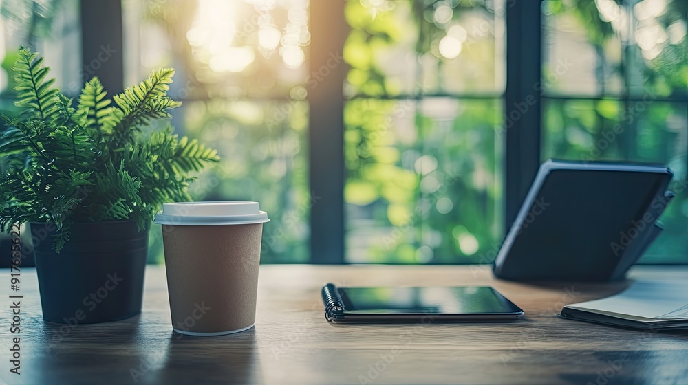 coffee cup on wooden counter and smartphone, notebook placed on digital tablet in front of window, take a break and relax after work in coffee shop with reading book in background. coffee cup on wooden counter and smartphone, notebook placed on digital tablet in front of window, take a break and relax after work in coffee shop with reading book in background.