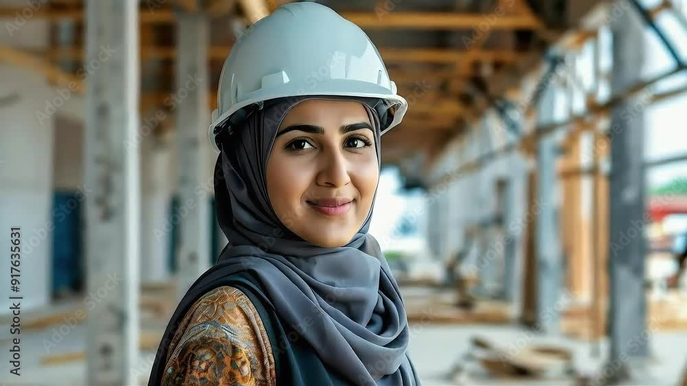 Smiling woman wearing a hijab and hard hat on a construction site.