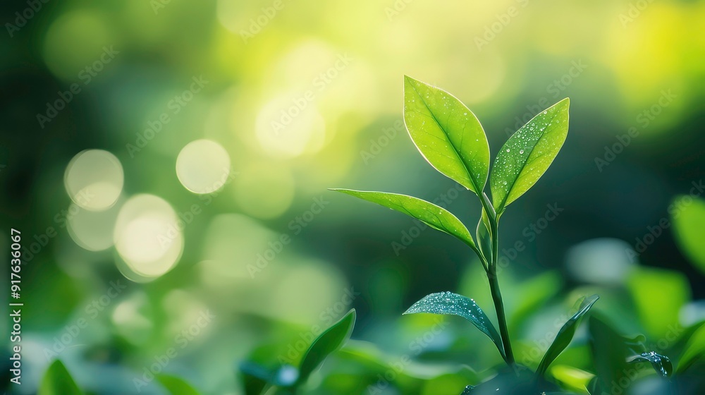 A single, vibrant green leaf with water droplets stands out against a blurred background of lush foliage and soft sunlight. A single, vibrant green leaf with water droplets stands out against a blurred background of lush foliage and soft sunlight.