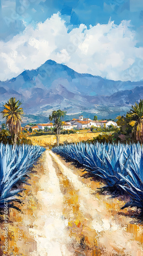 Oil Painting of Vibrant Agave Fields and Tequila Production in Jalisco's Scenic Countryside