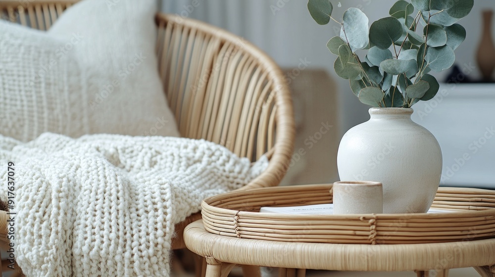 Obraz premium rattan furniture in cozy living room. Modern interior design in loft apartment. White knitted blanket on bamboo armchair. Side table with rattan tray and eucalyptus branches in ceramic vase
