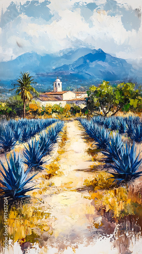 Oil Painting of Vibrant Agave Fields and Tequila Production in Jalisco's Scenic Countryside