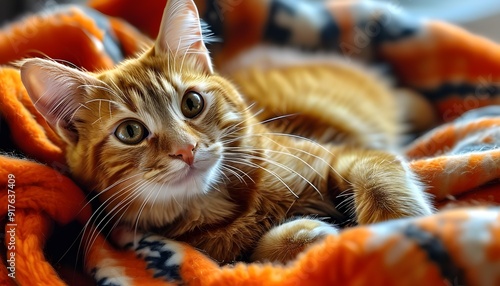 The cute little orange cat lies leisurely on the warm blanket, with vivid eyes and soft hair.