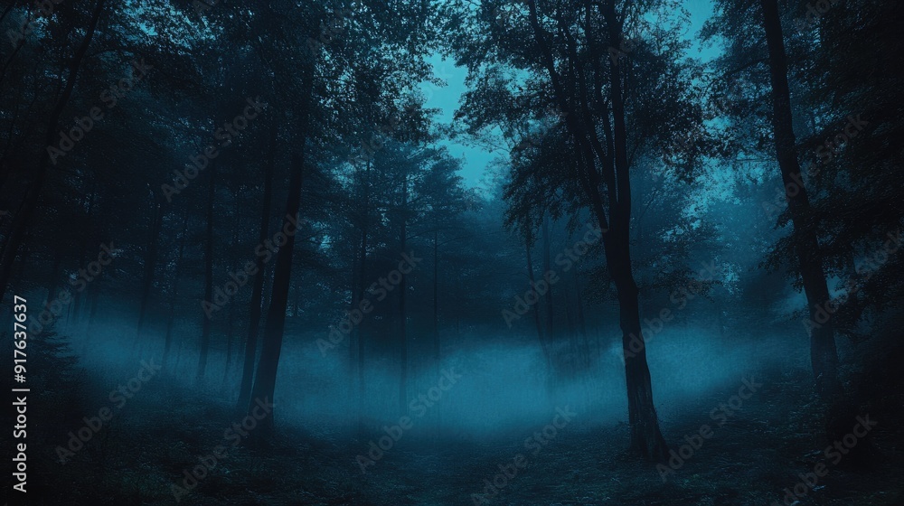 Fototapeta premium Mystical Moody Forest in Twilight with Dense Fog and Blue Hues