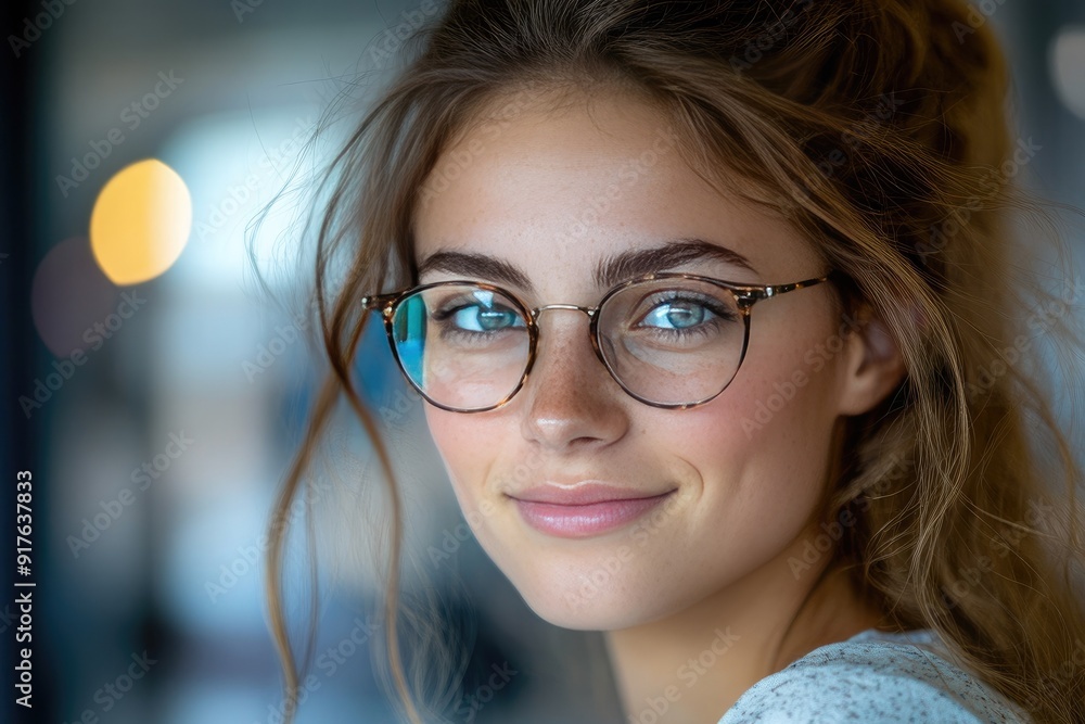 Smiling Woman with Glasses and Freckles in Natural Light Portrait Smiling Woman with Glasses and Freckles in Natural Light Portrait