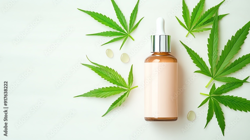 A stylish dropper bottle surrounded by fresh cannabis leaves on a light background, perfect for skincare or herbal product themes. A stylish dropper bottle surrounded by fresh cannabis leaves on a light background, perfect for skincare or herbal product themes.
