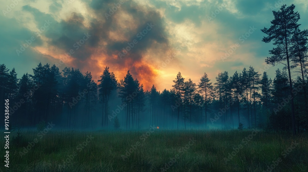 Countryside forest with cloudy sky covered by fire smoke during the evening Countryside forest with cloudy sky covered by fire smoke during the evening