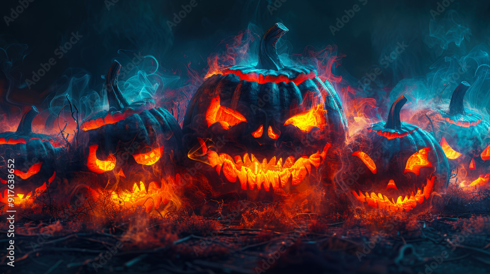 Happy Halloween. Five scary pumpkins with glowing eyes and brutal smiles are illuminated by fire on a dark background Happy Halloween. Five scary pumpkins with glowing eyes and brutal smiles are illuminated by fire on a dark background