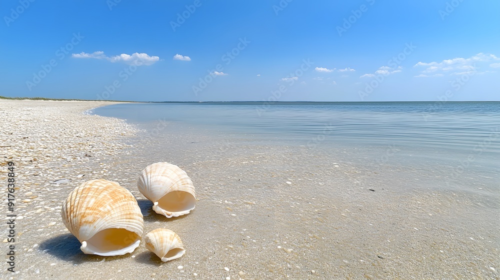 A wide-angle view of a pristine beach, with a vast expanse of sand and a few scattered seashells, set against a clear sky, providing a sense of openness and tranquility A wide-angle view of a pristine beach, with a vast expanse of sand and a few scattered seashells, set against a clear sky, providing a sense of openness and tranquility