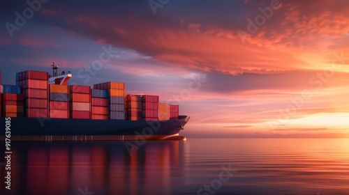 Wallpaper Mural Cargo Ship at Sunset with Colorful Containers Reflecting on Calm Ocean Water Torontodigital.ca