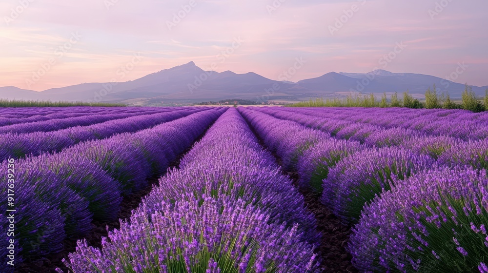 Stunning Lavender Field at Sunset with Majestic Mountain Range in the Background Stunning Lavender Field at Sunset with Majestic Mountain Range in the Background