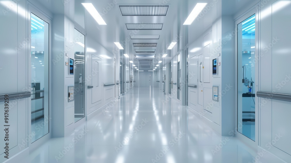 Modern Cleanroom Corridor with Sterile Environment and Advanced Technology in a High-Tech Facility Modern Cleanroom Corridor with Sterile Environment and Advanced Technology in a High-Tech Facility