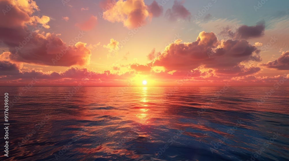 Obraz premium A fiery sunset paints the sky with vibrant hues as the sun dips below the horizon, casting a golden glow on the calm ocean.