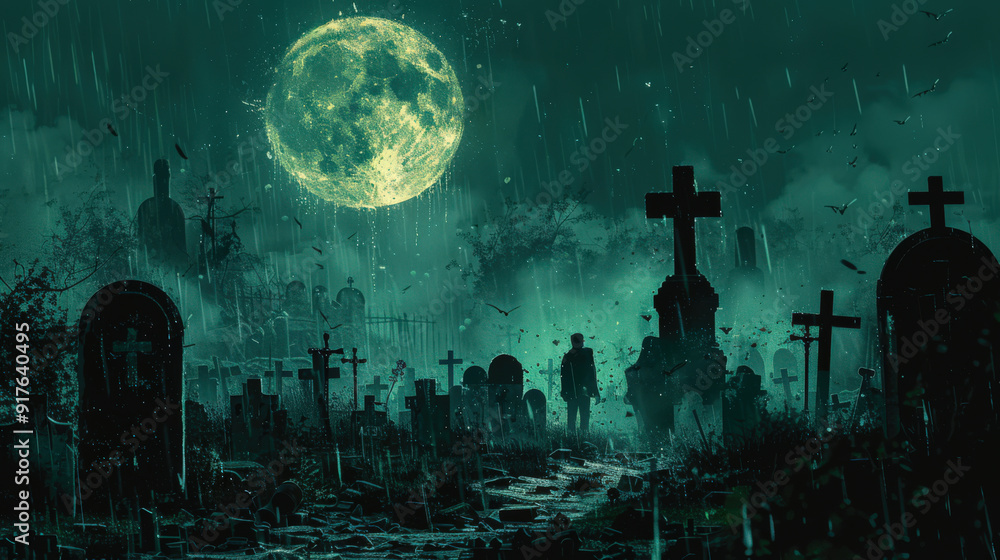 A creepy cemetery with a full moon in the background. Halloween concept. The moon is surrounded by a dark sky, the cemetery is full of tombstones with crosses, it is raining A creepy cemetery with a full moon in the background. Halloween concept. The moon is surrounded by a dark sky, the cemetery is full of tombstones with crosses, it is raining