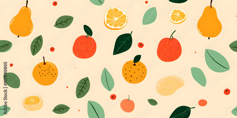 Seamless Watercolor Flat Lay Composition With Fresh Fruits With Leaves a Vibrant Pattern on a Yellow Background Print for Textile, Packaging, Banner, Decor, Wrap, Fashion, Accessories, Web, Social. Seamless Watercolor Flat Lay Composition With Fresh Fruits With Leaves a Vibrant Pattern on a Yellow Background Print for Textile, Packaging, Banner, Decor, Wrap, Fashion, Accessories, Web, Social.