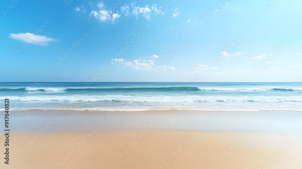 Serene Beachscape: Gentle Waves, Clear Blue Sky, and Soft White Sand Crafting a Tranquil, Spacious Seaside Atmosphere Serene Beachscape: Gentle Waves, Clear Blue Sky, and Soft White Sand Crafting a Tranquil, Spacious Seaside Atmosphere
