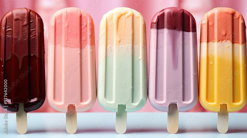 Colorful Ice cream popsicle on pastel pink background. Minimal summer concept Colorful Ice cream popsicle on pastel pink background. Minimal summer concept