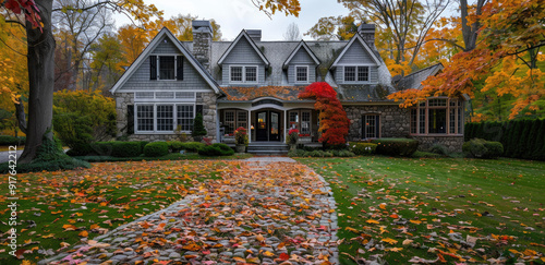 Cottage house with leaves on the front lawn, fall season