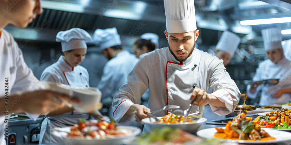 © Aigo labs - A group of chefs working in a busy kitchen, preparing food and plating dishes.. caucasian man © Aigo labs - A group of chefs working in a busy kitchen, preparing food and plating dishes.. caucasian man