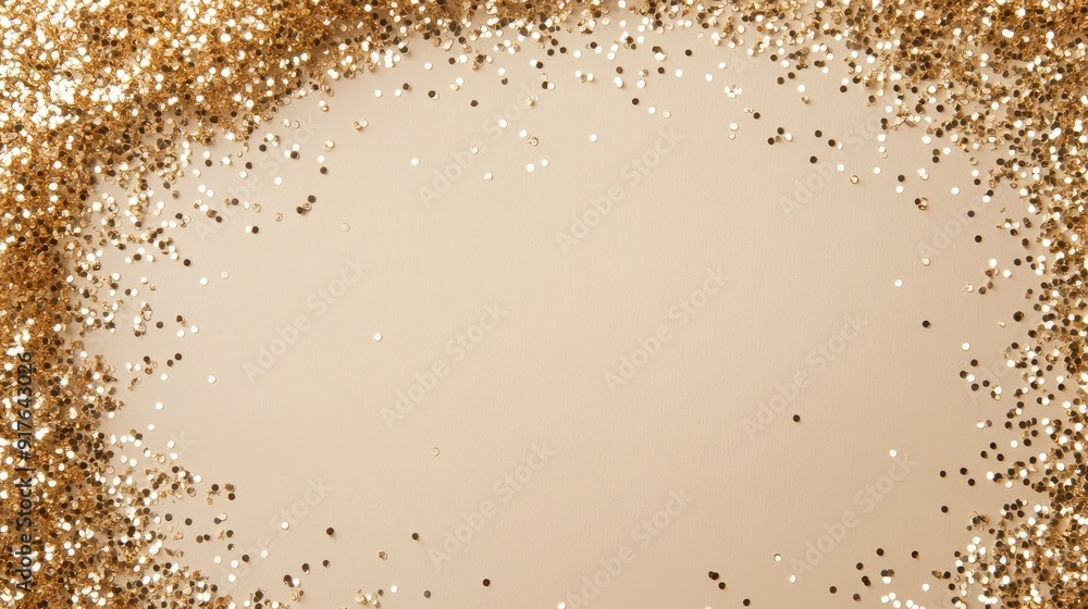 Gold (bronze) glitter empty frame on beige gray paper background Gold (bronze) glitter empty frame on beige gray paper background