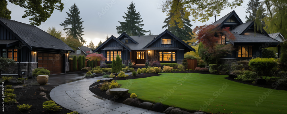 Obraz premium a cottage-style home with a detailed roof, wooden shutters, and a manicured front yard
