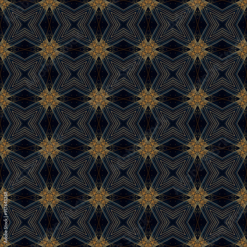 Brightly colored symmetrical seamless pattern created with the help of generative AI and suitable for wallpapers, textures, 3D maps and more