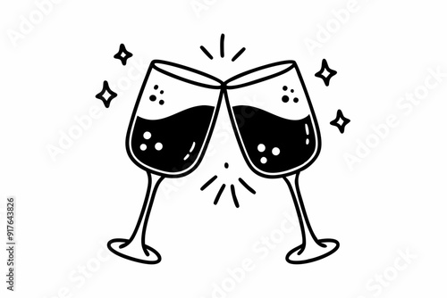 Clink glasses champagnes black vector icon. Two wine glass cheers vector icon. Celebrate party
