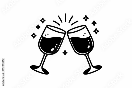 Clink glasses champagnes black vector icon. Two wine glass cheers vector icon. Celebrate party
