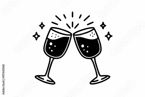 Clink glasses champagnes black vector icon. Two wine glass cheers vector icon. Celebrate party
