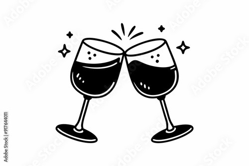 Clink glasses champagnes black vector icon. Two wine glass cheers vector icon. Celebrate party

