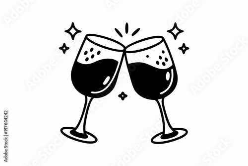 Clink glasses champagnes black vector icon. Two wine glass cheers vector icon. Celebrate party
