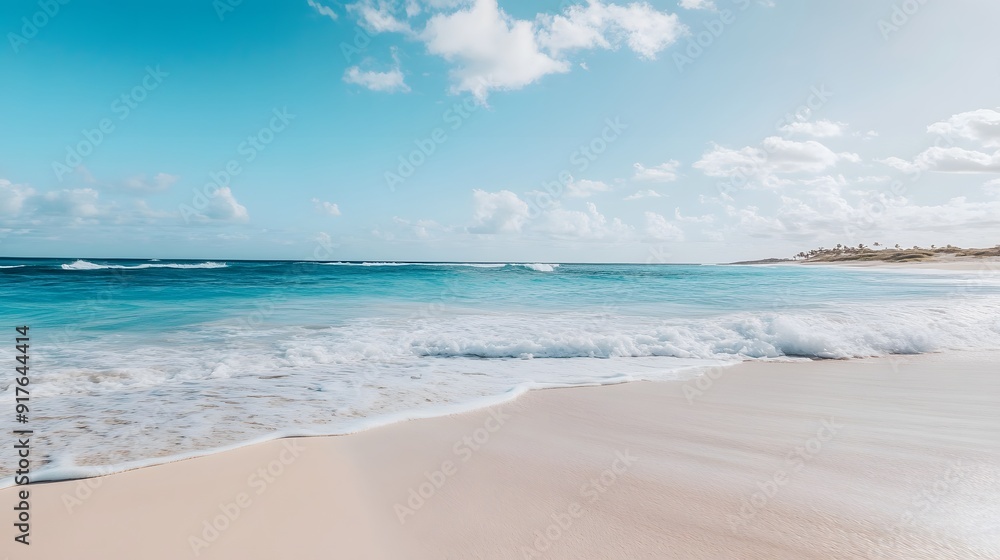 Serene Beachscape: Gentle Waves, Clear Blue Sky, and Soft White Sand Crafting a Tranquil, Spacious Seaside Atmosphere Serene Beachscape: Gentle Waves, Clear Blue Sky, and Soft White Sand Crafting a Tranquil, Spacious Seaside Atmosphere