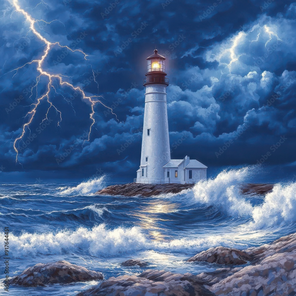 Dramatic Seaside Storm with Lighthouse Illuminating Turbulent Waves and ...