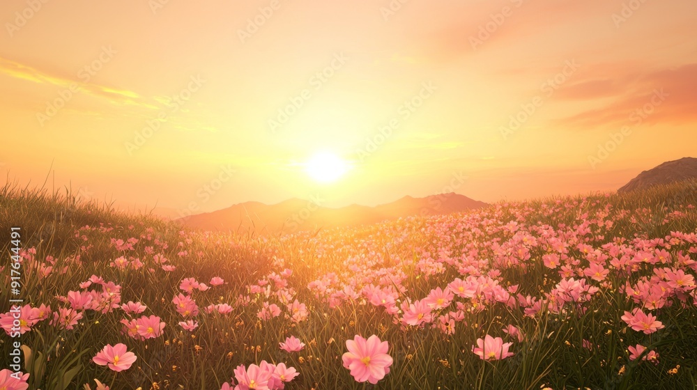 Obraz premium A peaceful sunset over a meadow filled with blooming pink flowers, the golden light of the sun casting a soft glow over the scene, creating a tranquil and beautiful nature background, with the sky