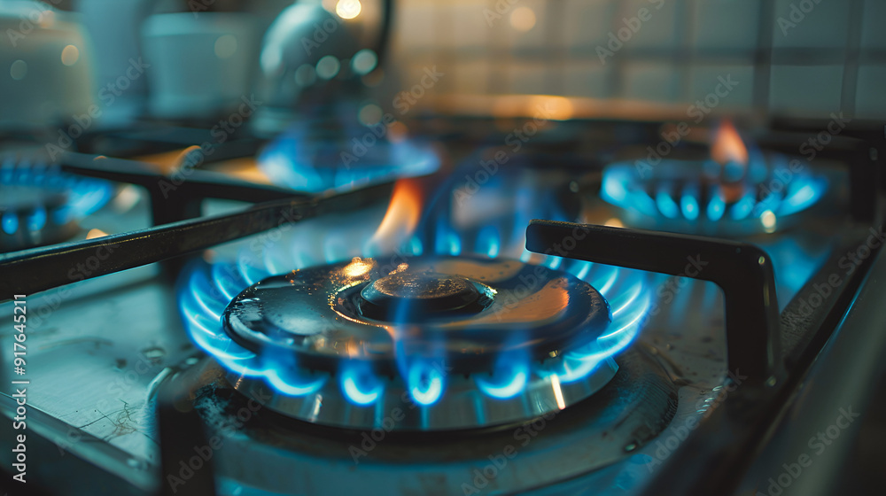 Gas burning from a kitchen gas stove blue gas flame ,generative ai Gas burning from a kitchen gas stove blue gas flame ,generative ai