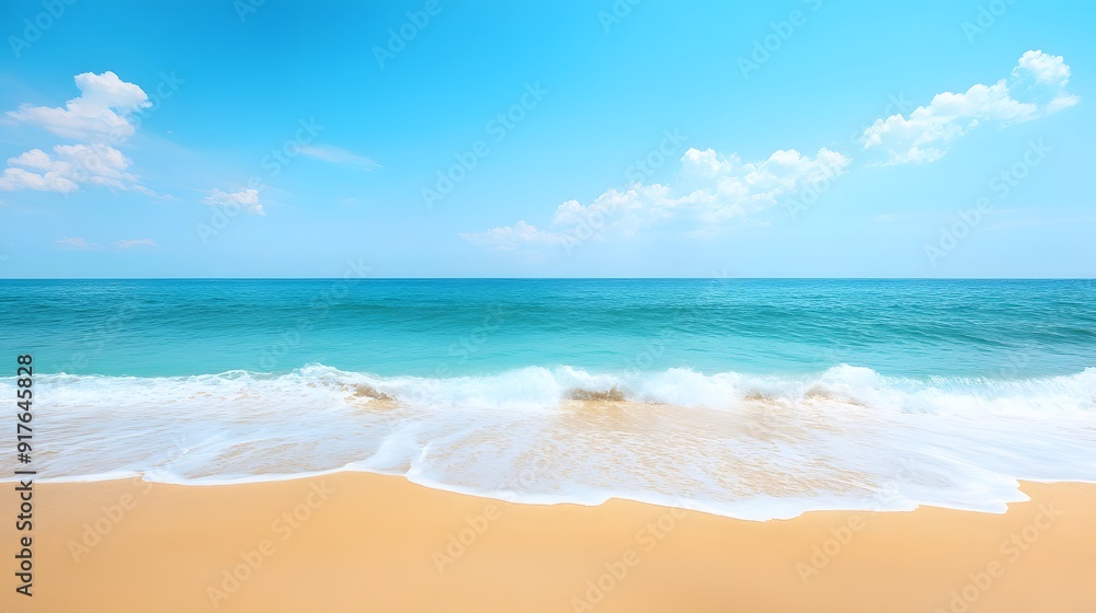 Serene Beachscape: Gentle Waves, Clear Blue Sky, and Soft White Sand Crafting a Tranquil, Spacious Seaside Atmosphere Serene Beachscape: Gentle Waves, Clear Blue Sky, and Soft White Sand Crafting a Tranquil, Spacious Seaside Atmosphere